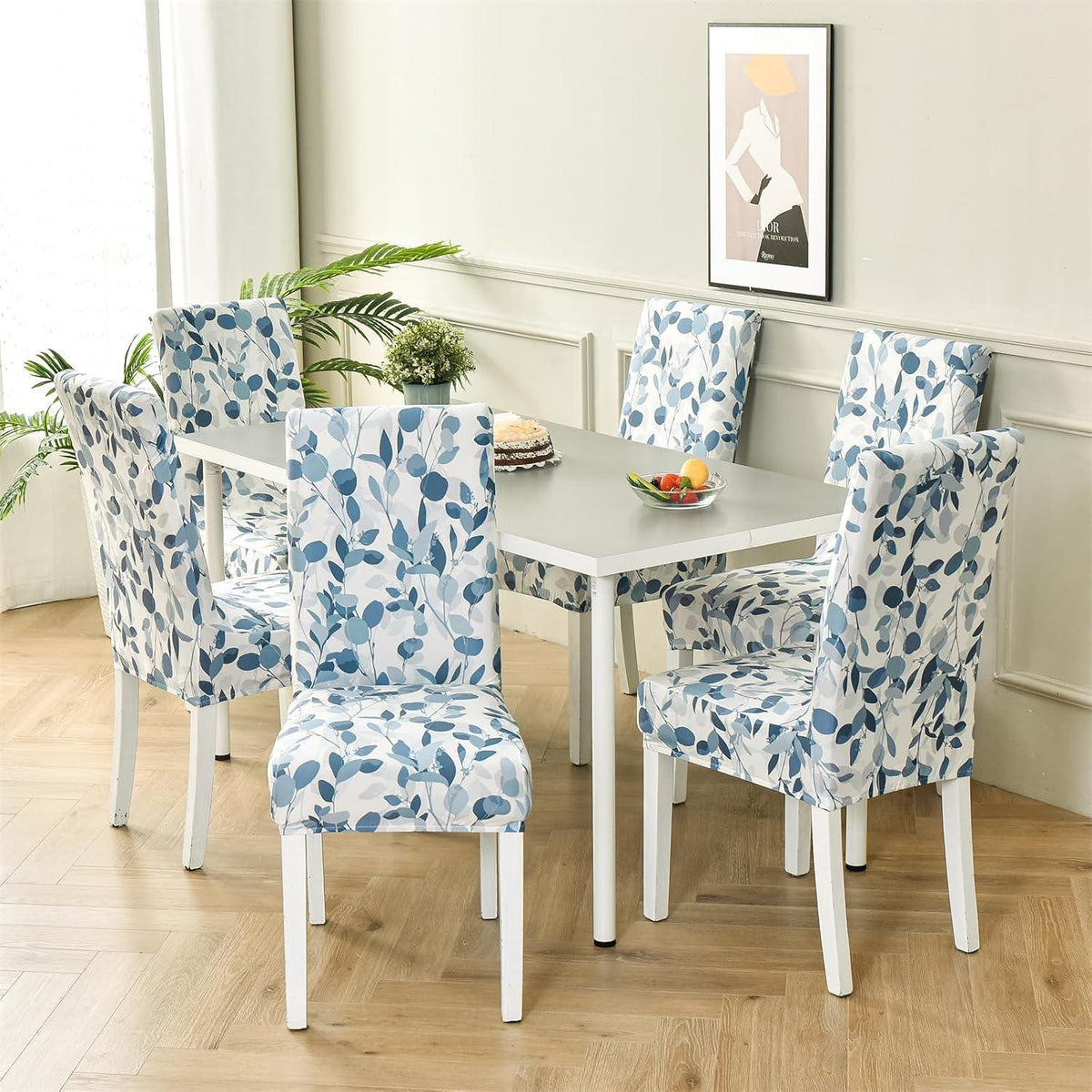 Stuhlhussen 6er Set Stretch Esszimmerstuhlbezug Blau Blätter