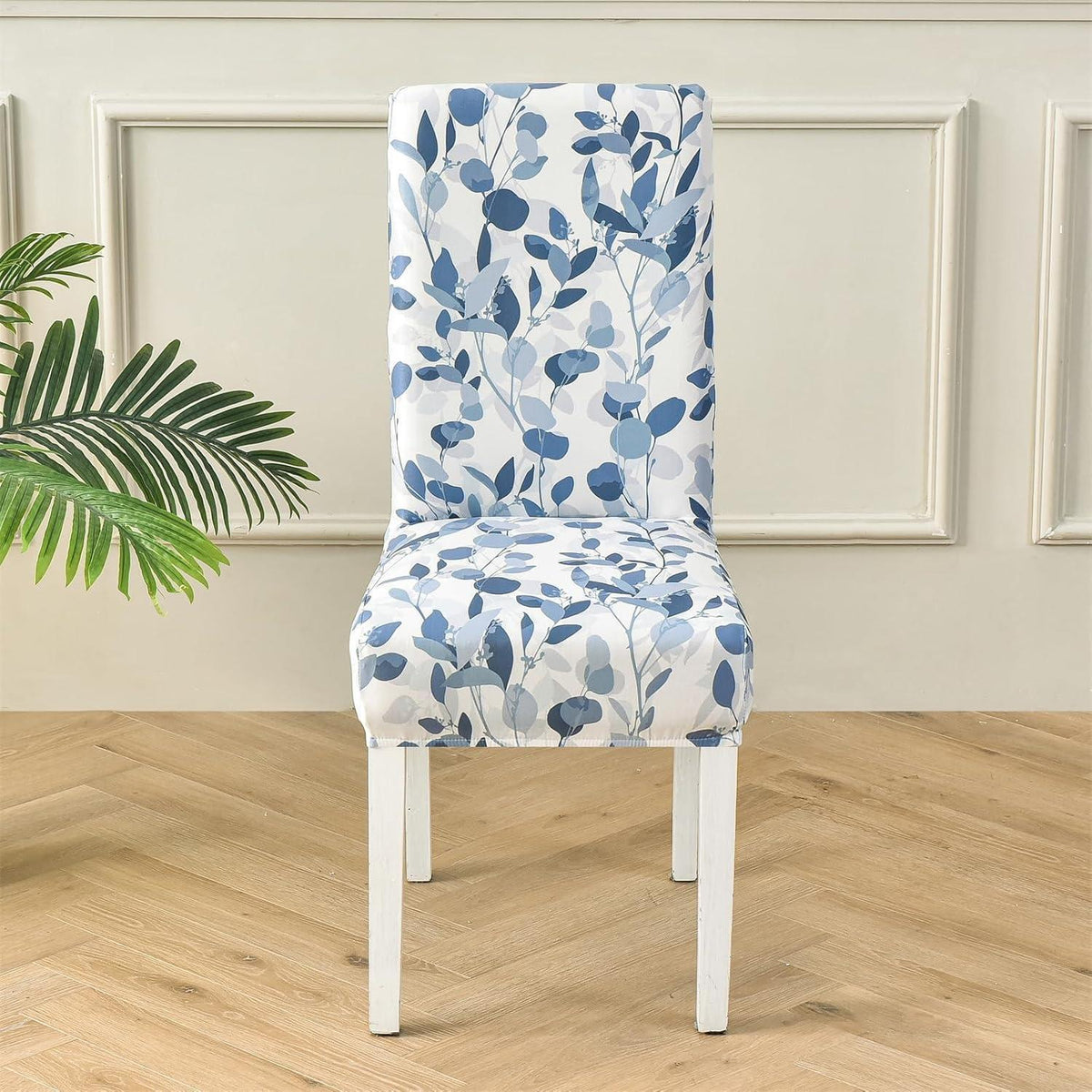 Stuhlhussen 6er Set Stretch Esszimmerstuhlbezug Blau Blätter