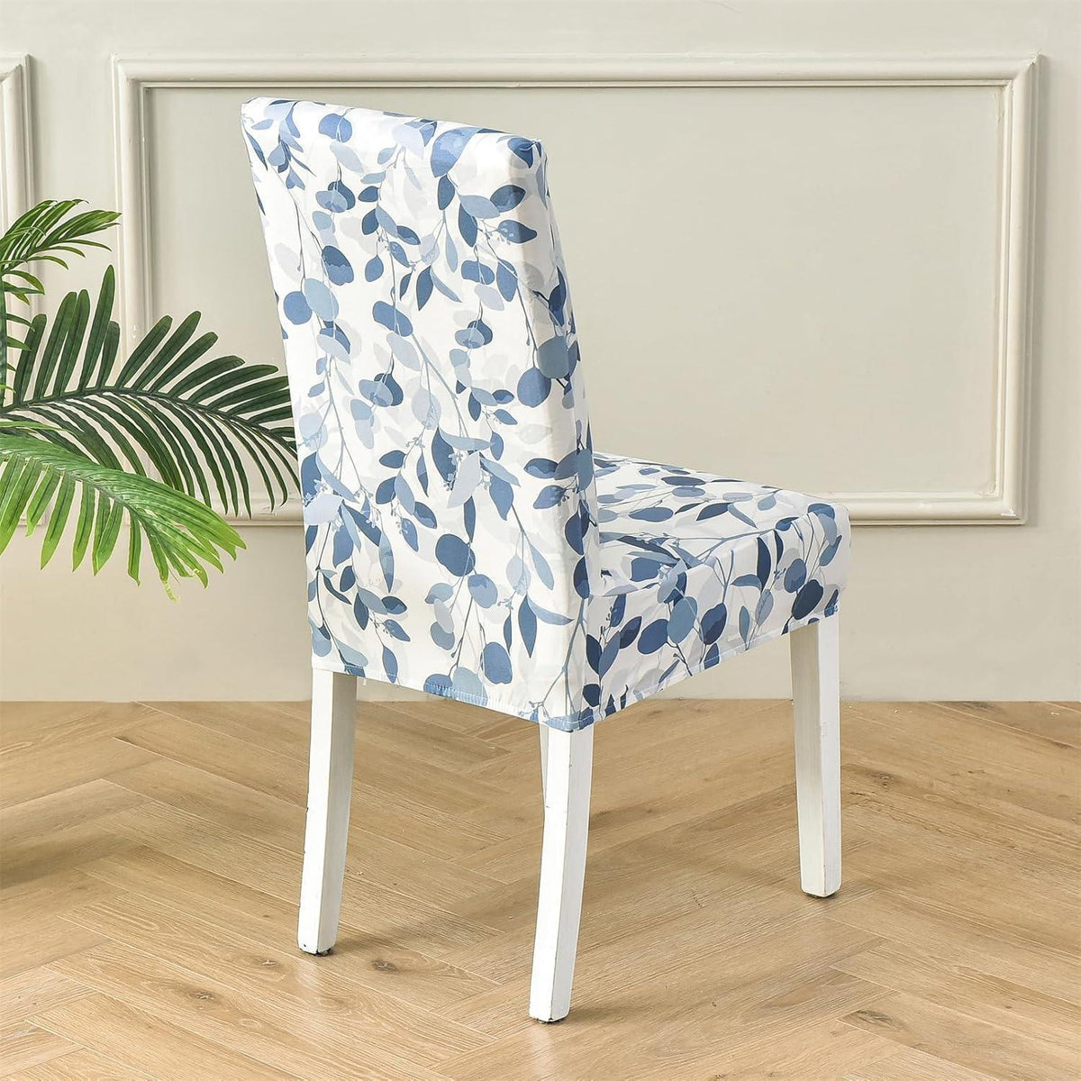 Stuhlhussen 6er Set Stretch Esszimmerstuhlbezug Blau Blätter