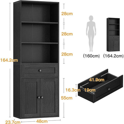 Bücherregal mit Türen & Schublade – Schwarz, 5 Ebenen