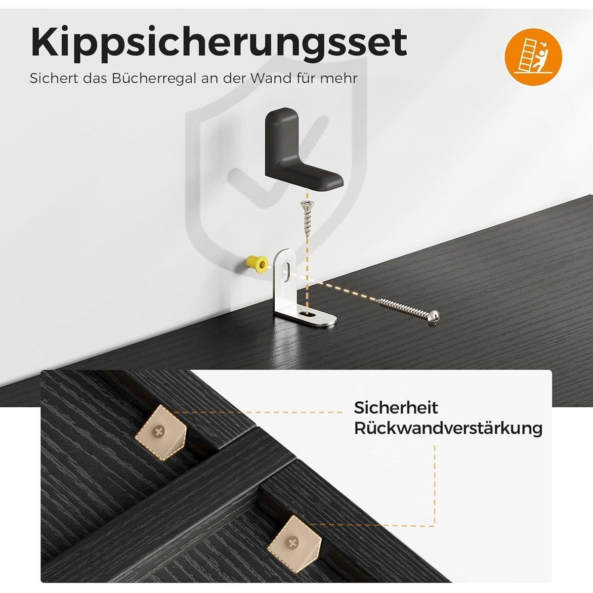 Bücherregal mit Türen & Schublade – Schwarz, 5 Ebenen