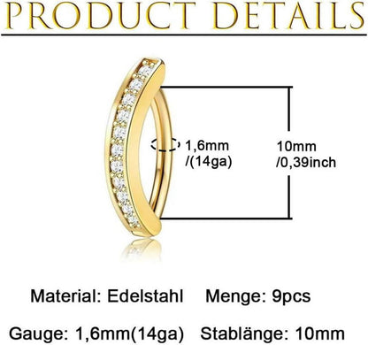 Bauchnabelpiercing 9 Stück 14ga 10mm Edelstahl Silber/Gold