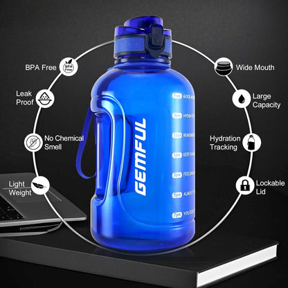 Trinkflasche 2 Liter mit Zeitmarkierung, Griff - BPA frei, Auslaufsicher - Sport, Yoga, Fitness, Büro, Unterwegs