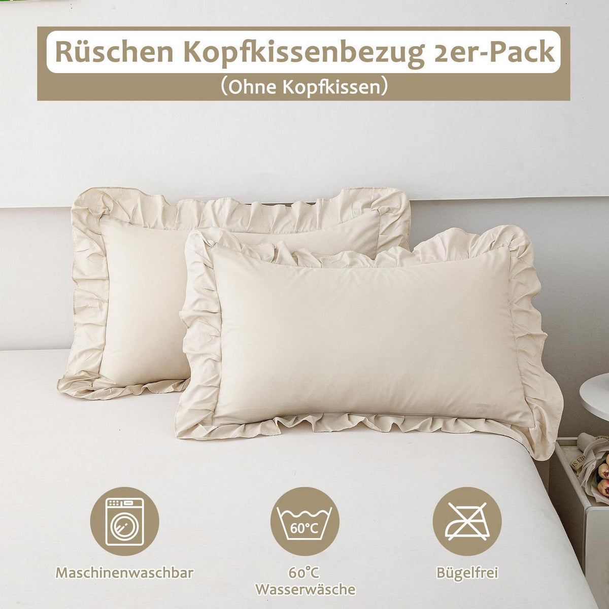 Rüschen Kissenbezug 40x60 cm, 2er Set, Beige