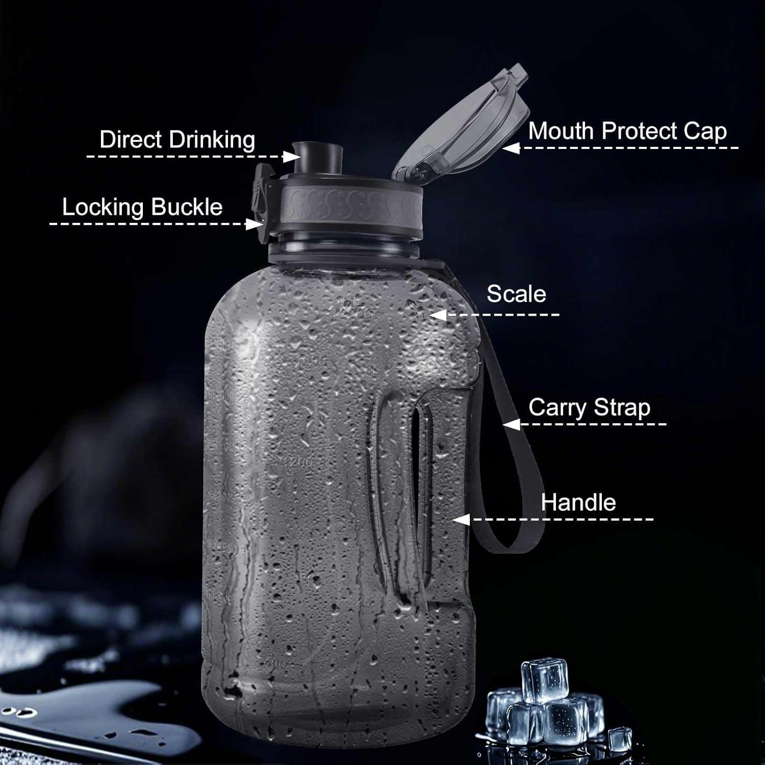 Sport Trinkflasche 2L mit Zeitmarkierung, BPA-frei, Auslaufsicher, Grau