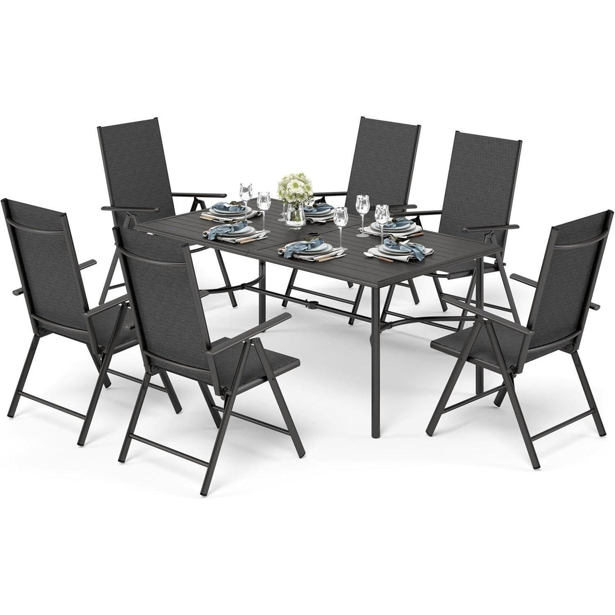 Gartenmöbel Set 6 Personen, verstellbare Stühle, Tisch 170cm, Schwarz