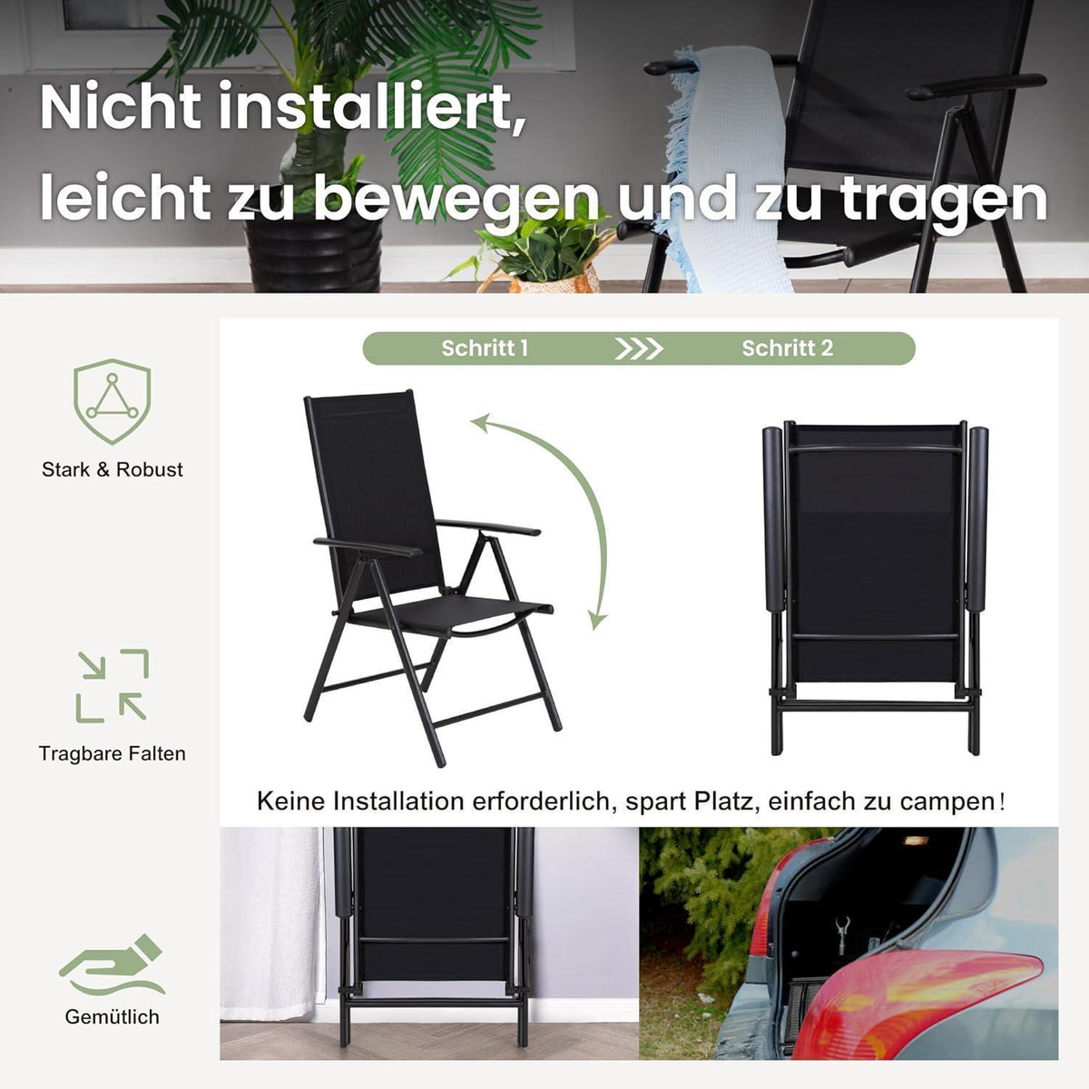 Gartenmöbel Set 6 Personen, verstellbare Stühle, Tisch 170cm, Schwarz