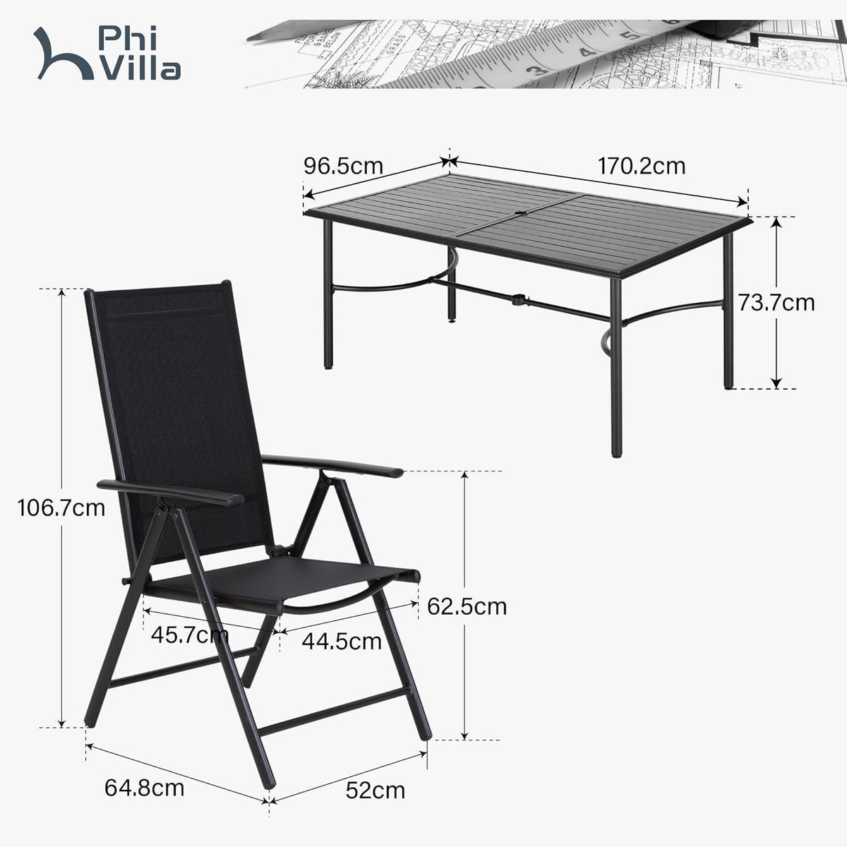 Gartenmöbel Set 6 Personen, verstellbare Stühle, Tisch 170cm, Schwarz