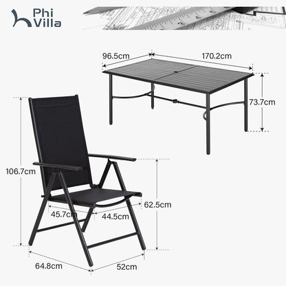 Gartenmöbel Set 6 Personen, verstellbare Stühle, Tisch 170cm, Schwarz