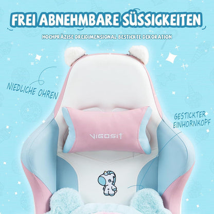 Gaming Stuhl Niedlich mit Ohren & Kawaii Kissen, BlauPink