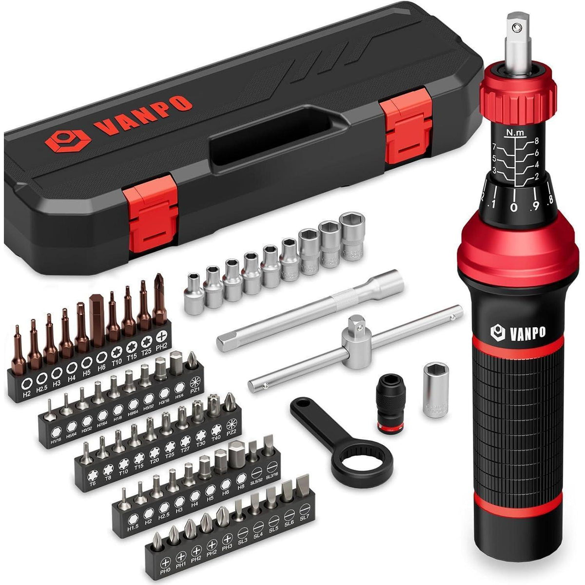 Drehmomentschraubendreher Set 2-8 Nm mit 64 Bits und T-Griff