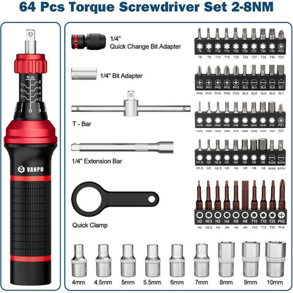 Drehmomentschraubendreher Set 2-8 Nm mit 64 Bits und T-Griff