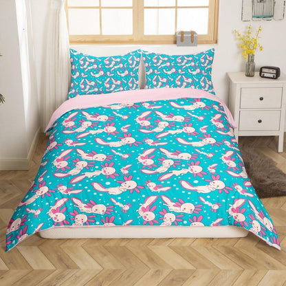 Axolotl Bettwäsche Set Rosa Blau 220x240cm mit 2 Kissenbezügen