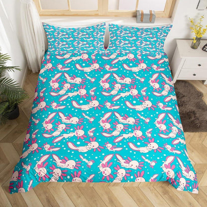 Axolotl Bettwäsche Set Rosa Blau 220x240cm mit 2 Kissenbezügen