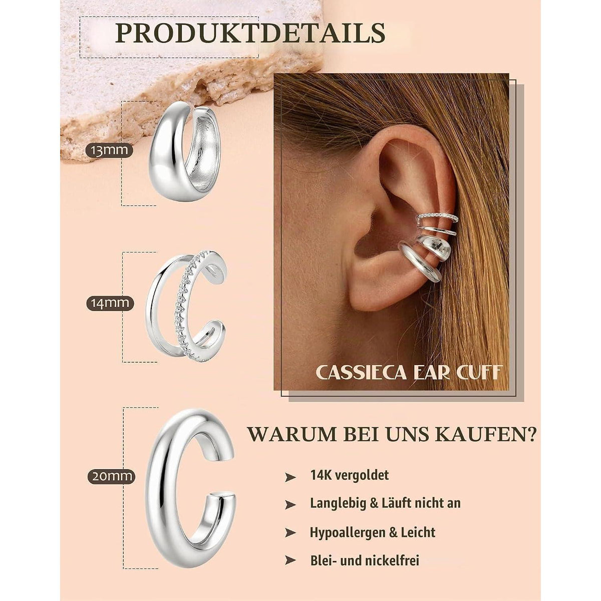 Ohrclips Damen 3er Set Ohne Ohrlöcher Gold Silber