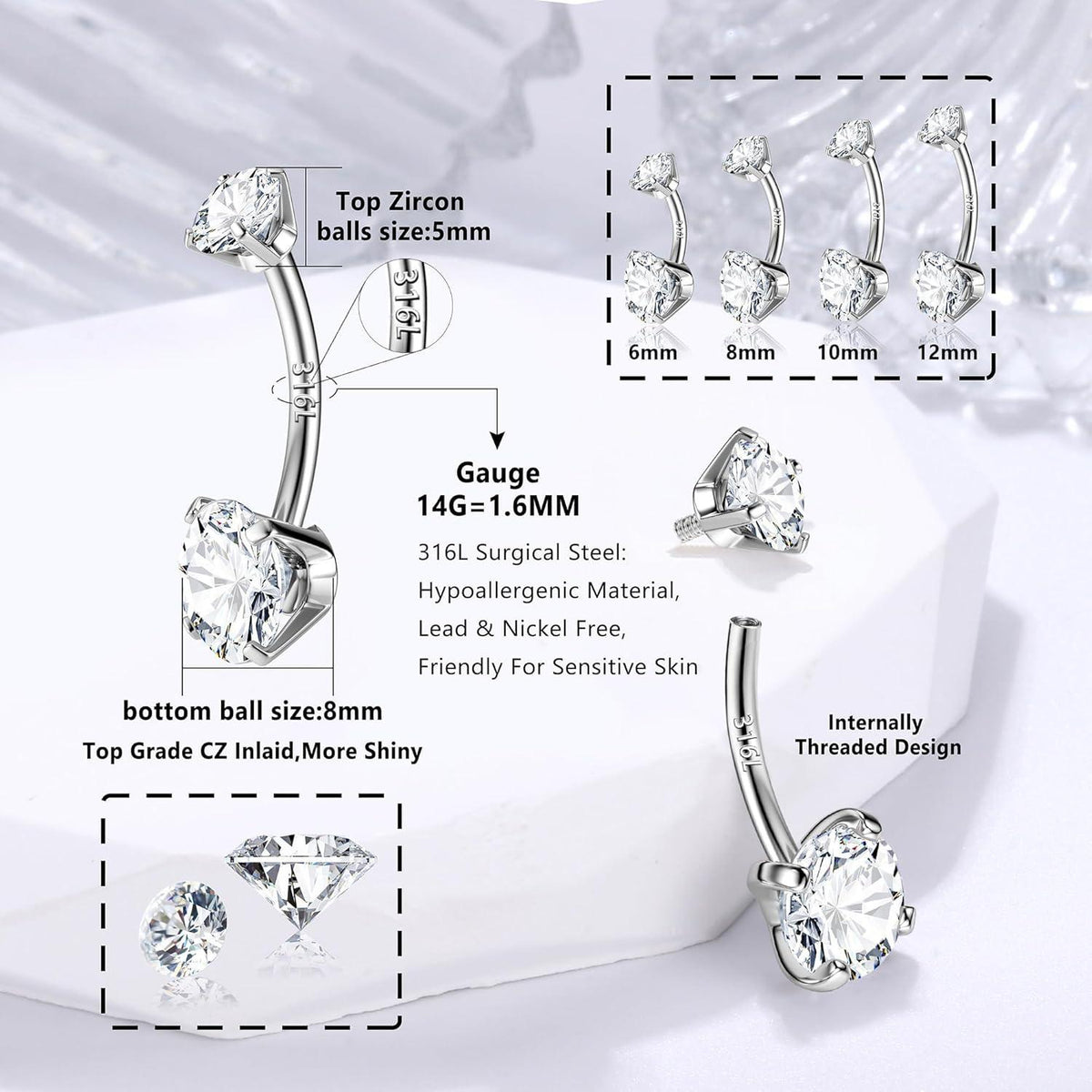 14G 925 Silber Bauchnabelpiercing Gold Titan Zirkonia 6-12mm