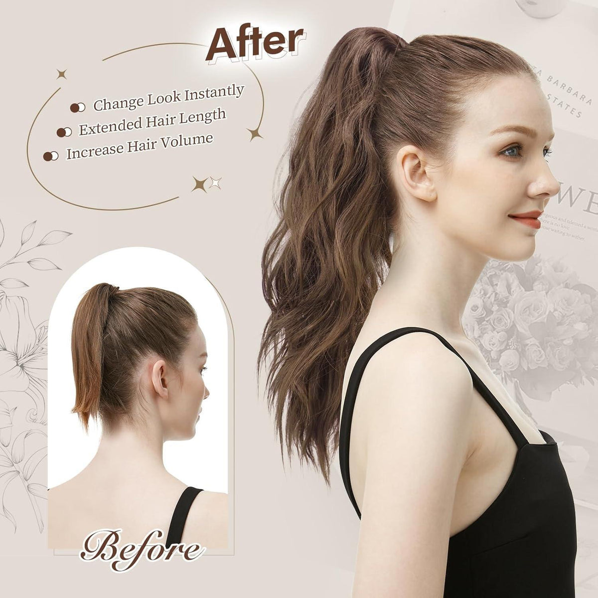 Gewellter Pferdeschwanz mit Klammer – Dunkelbraun/Rotbraun 50cm