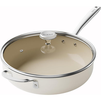 Bratpfanne 28cm mit Deckel, Keramik Antihaft, Induktion, Backofenfest, Beige
