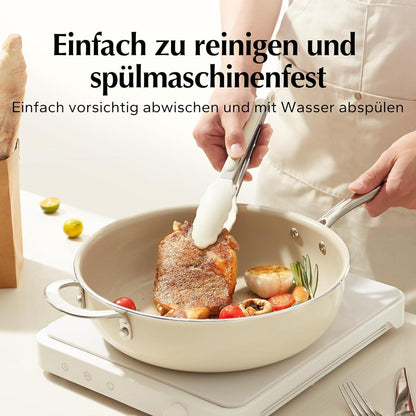 Bratpfanne 28cm mit Deckel, Keramik Antihaft, Induktion, Backofenfest, Beige