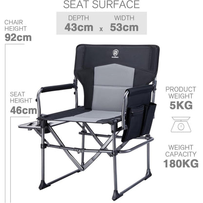 Campingstuhl faltbar mit Seitentisch & Tasche, 180kg belastbar, Schwarz (2 Stück)