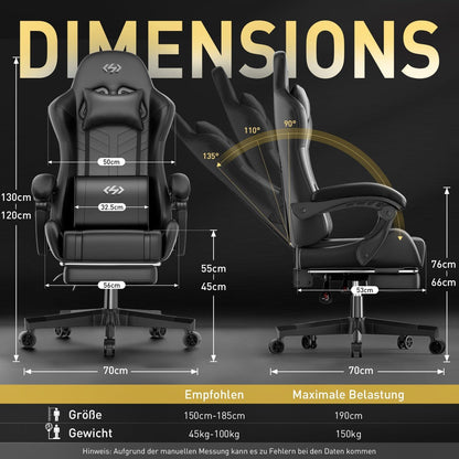 Gaming Stuhl mit Massagefunktion und Fußstütze, Schwarz