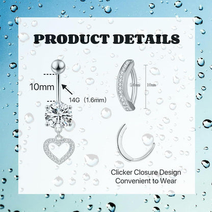 Bauchnabelpiercing Set 14G Chirurgenstahl CZ Herz Schmetterling Clicker Ring