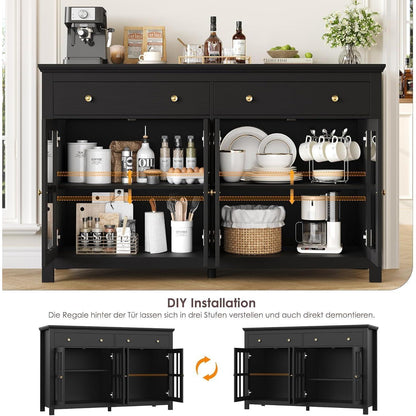 140cm Sideboard mit Glastüren & Schubladen – Küchenbuffet Schwarz