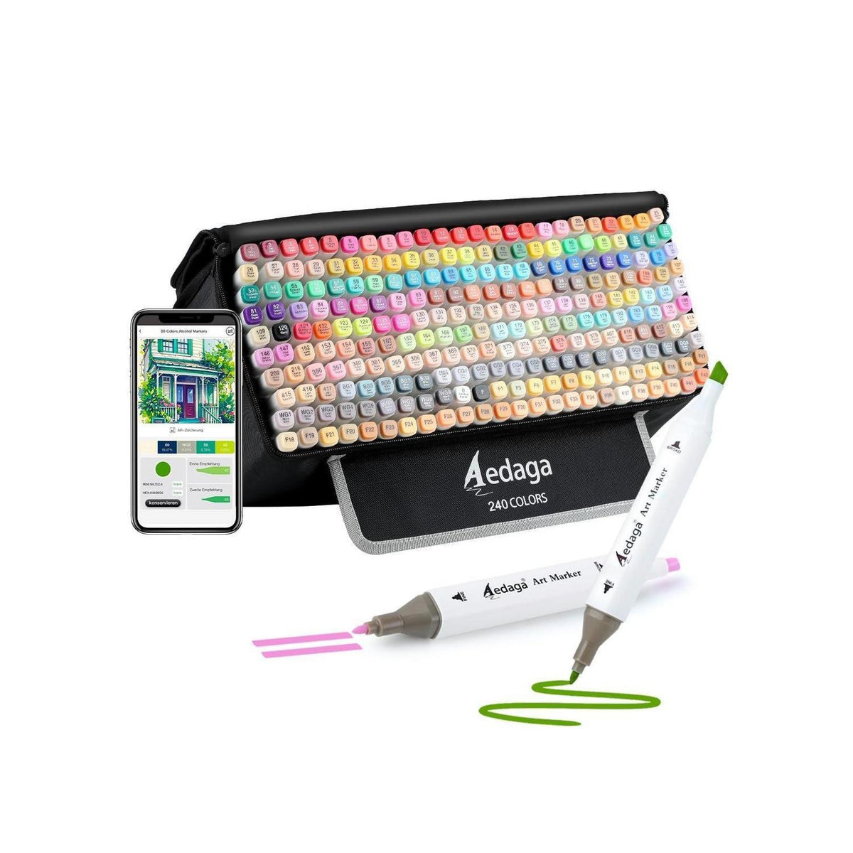 240er Alkohol Marker Set mit App & Ständer-Etui