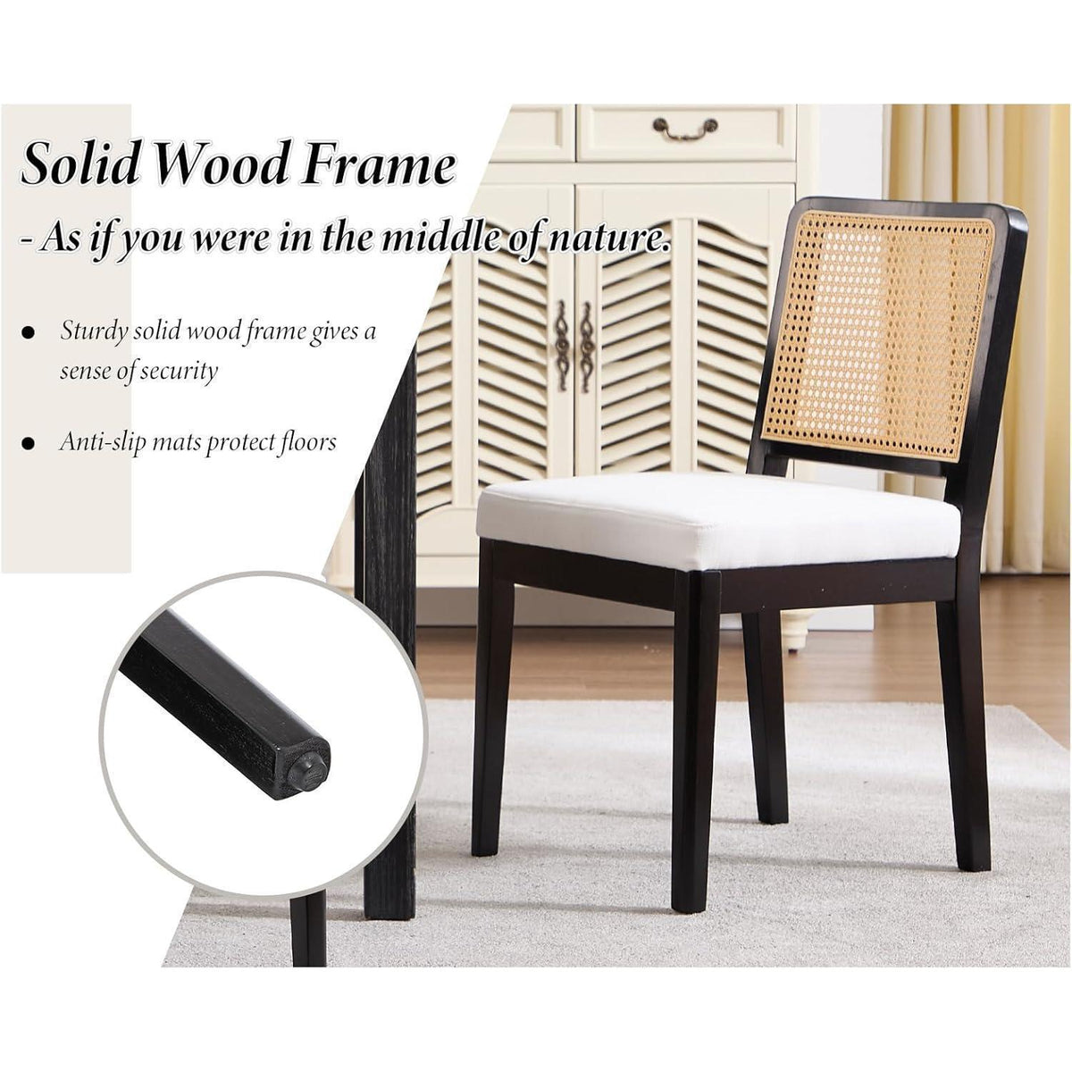 Esszimmerstühle 4er Set Leinen Rattan Retro Holz Schwarz