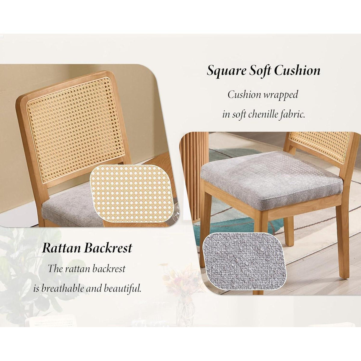 Esszimmerstühle Set 4 – Grau, Chenille & Rattan Retro Stil