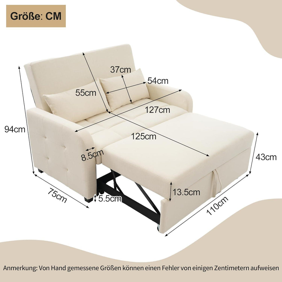 Zweisitzer Sofa mit Schlaffunktion – Beige Linienstoff