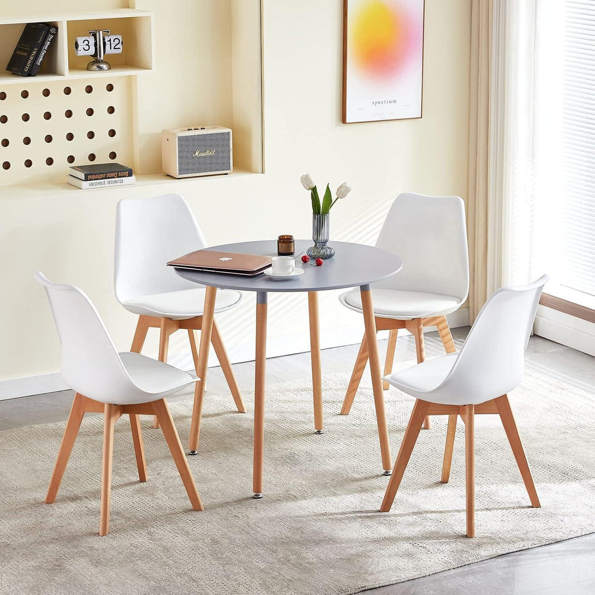Esszimmergruppe Grau-Weiß: Runder Tisch (80cm) + 4 Stühle