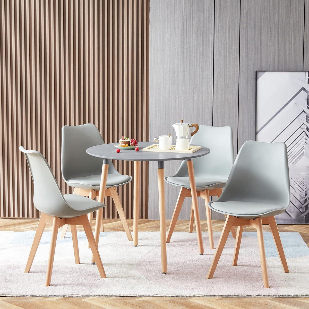 Esszimmergruppe Grau: Runder Tisch (80cm) + 4 Stühle