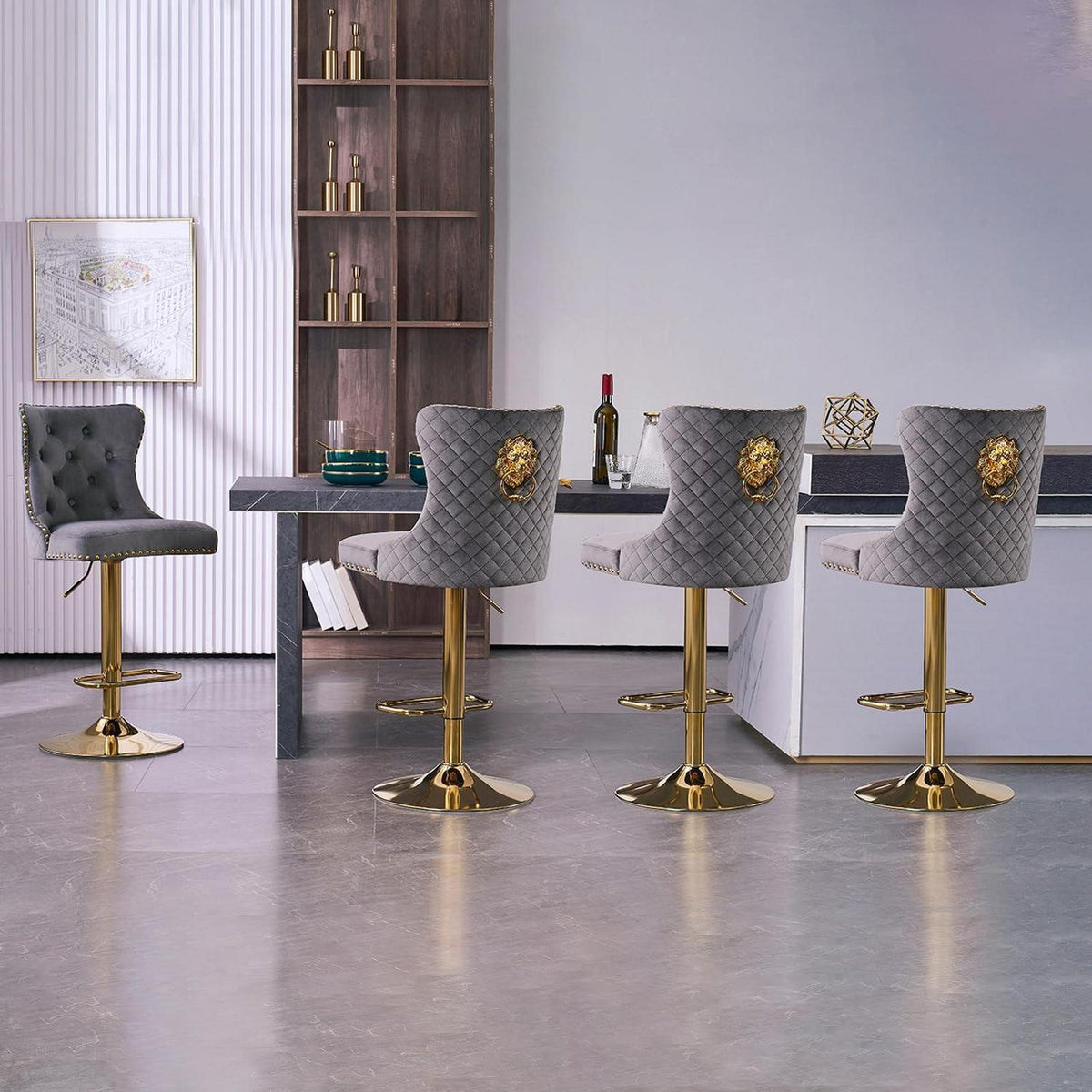 Samt Barhocker Set 4er – Höhenverstellbar, Grau/Gold