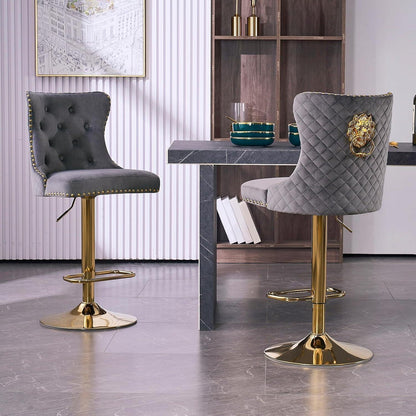 Samt Barhocker Set 4er – Höhenverstellbar, Grau/Gold