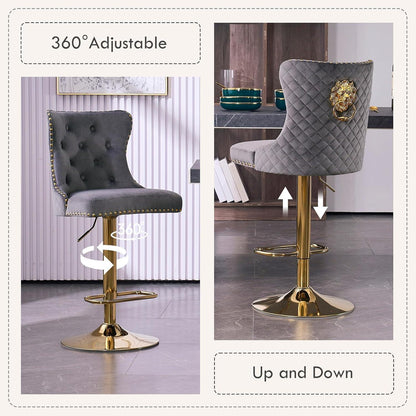 Samt Barhocker Set 4er – Höhenverstellbar, Grau/Gold