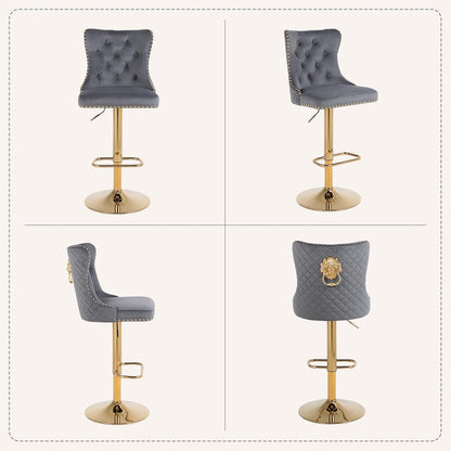 Samt Barhocker Set 4er – Höhenverstellbar, Grau/Gold