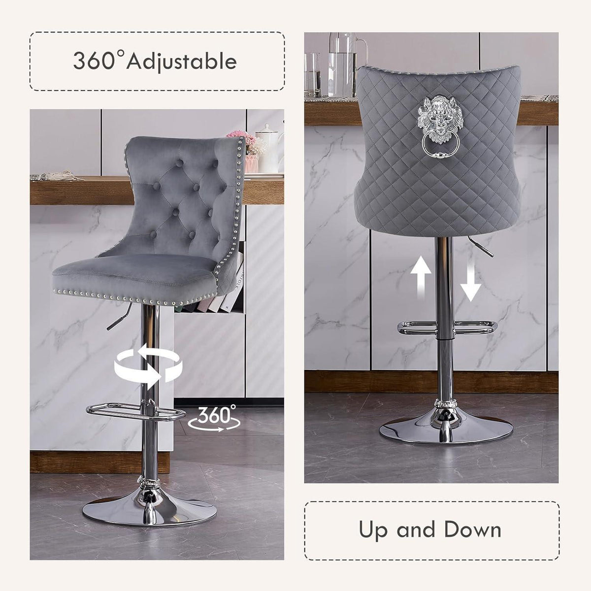 Samt Barhocker Set 4er – Höhenverstellbar, Grau