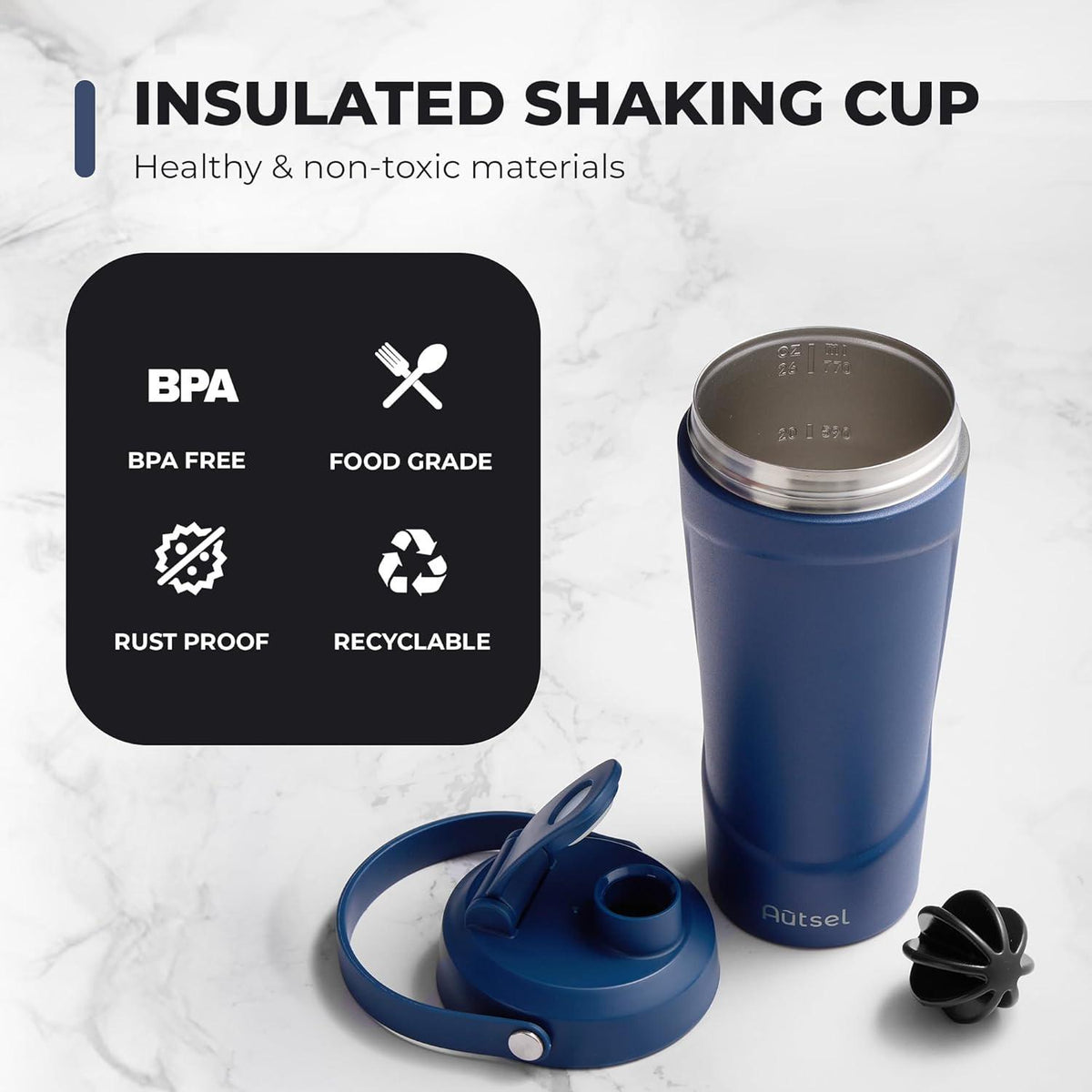 Edelstahl Protein Shaker 750ml mit Kugel BPA frei Vakuum Isolierthaker Fitness