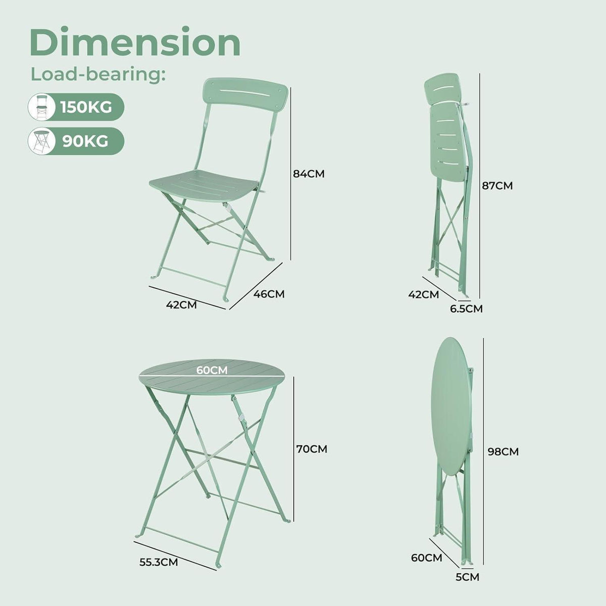 Bistro Set Grün 3-teilig klappbar wetterfest für Balkon & Garten