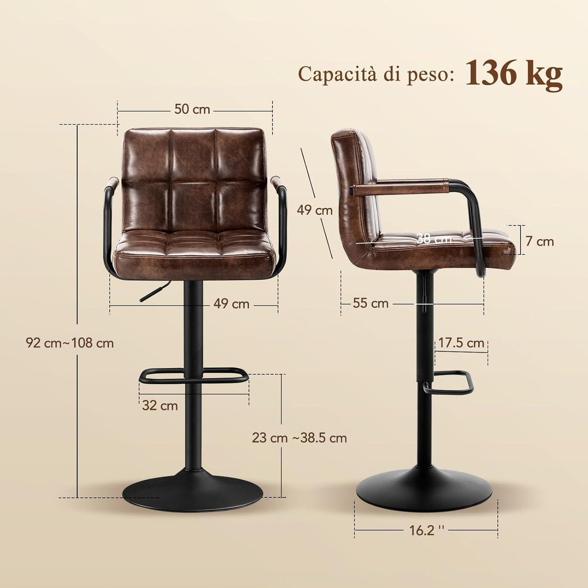 Barhocker Set 2x, Höhenverstellbar, Dunkelbraun in Lederoptik