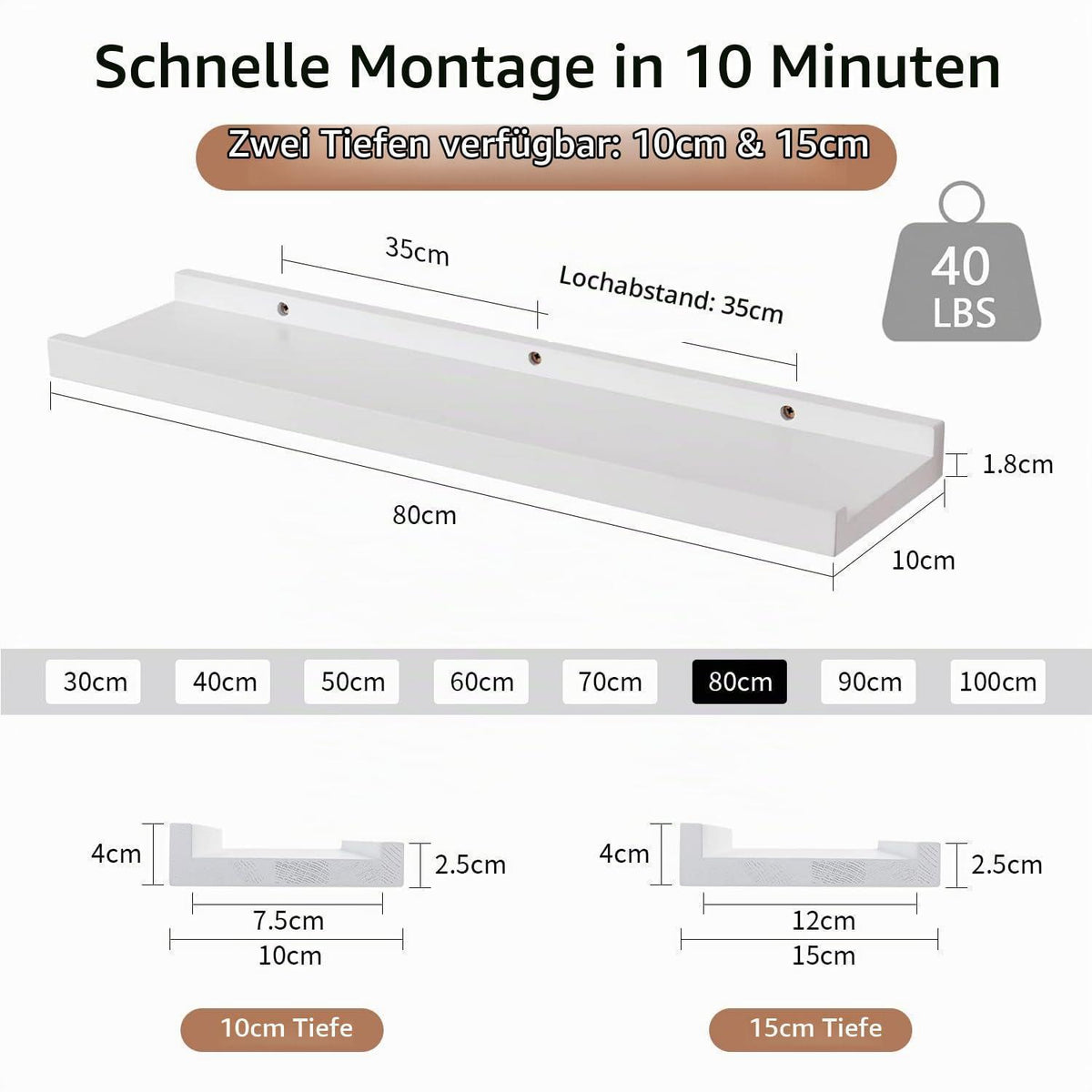 Wandregal Weiß Eiche Massivholz 80cm Bilderleiste Schweberegal