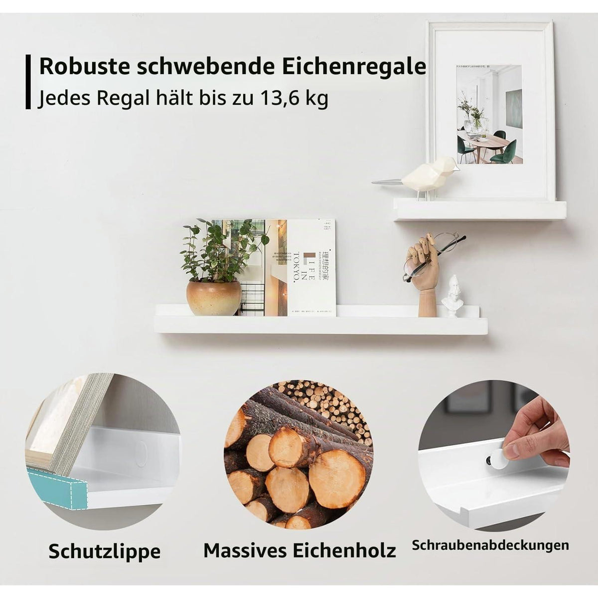 Wandregal Weiß Eiche Massivholz 80cm Bilderleiste Schweberegal