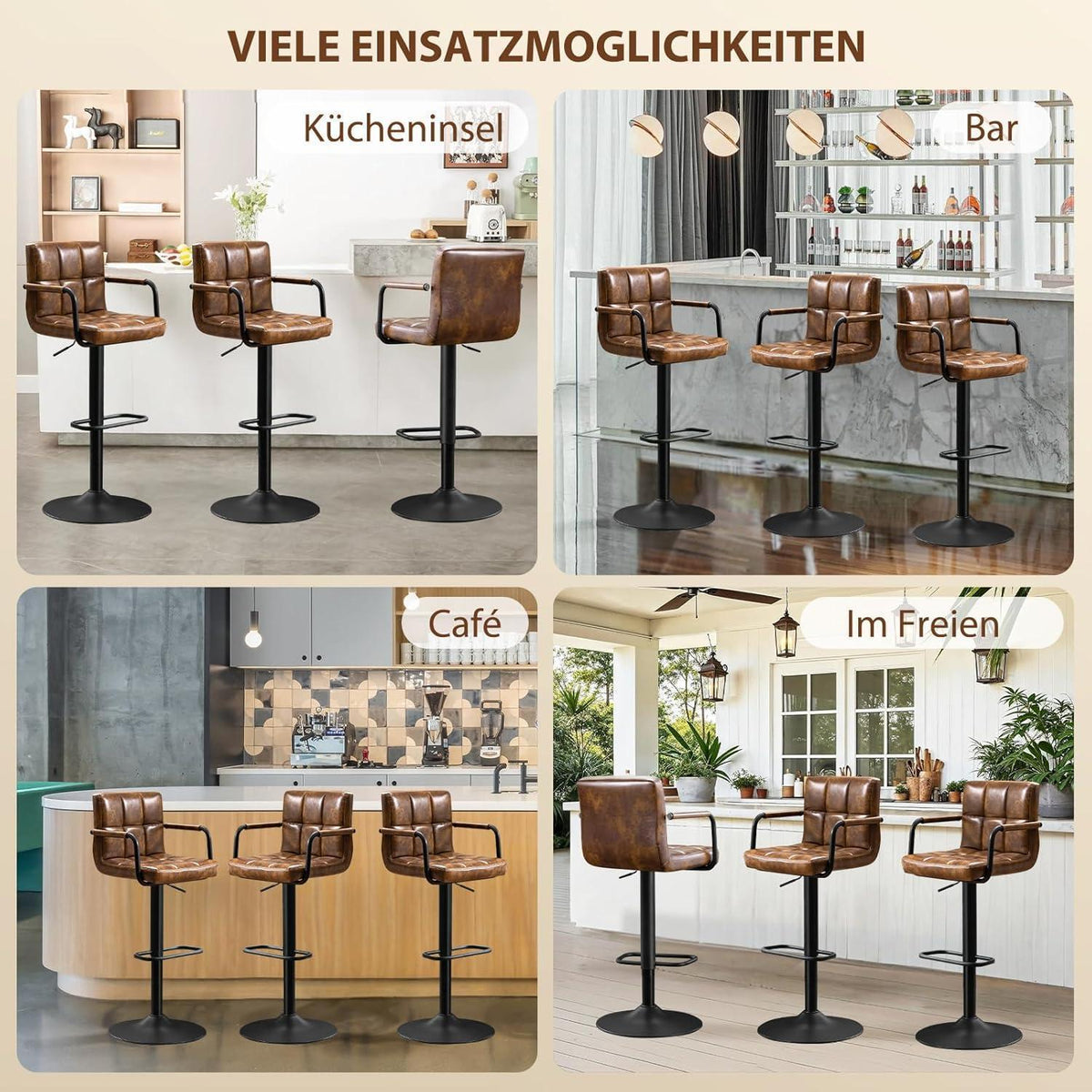 Barhocker Set 2x, Höhenverstellbar, Gelbbraun in Lederoptik