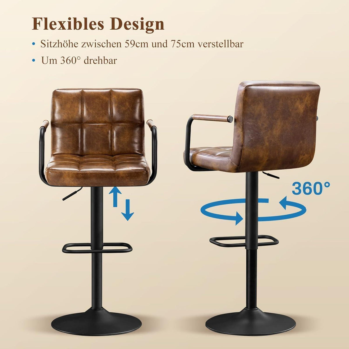 Barhocker Set 2x, Höhenverstellbar, Gelbbraun in Lederoptik