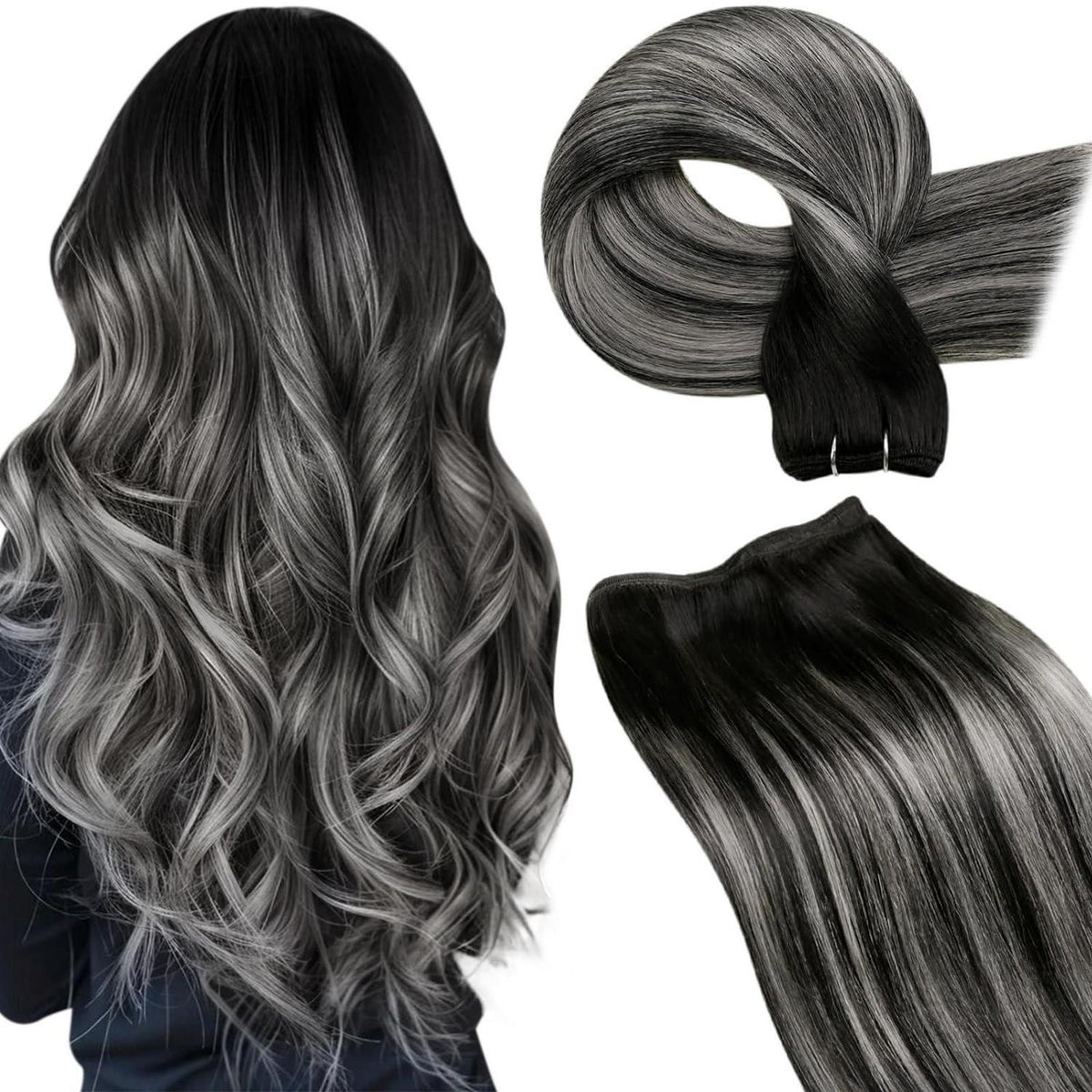 Echthaar Tressen Balayage Schwarz Silber 45cm