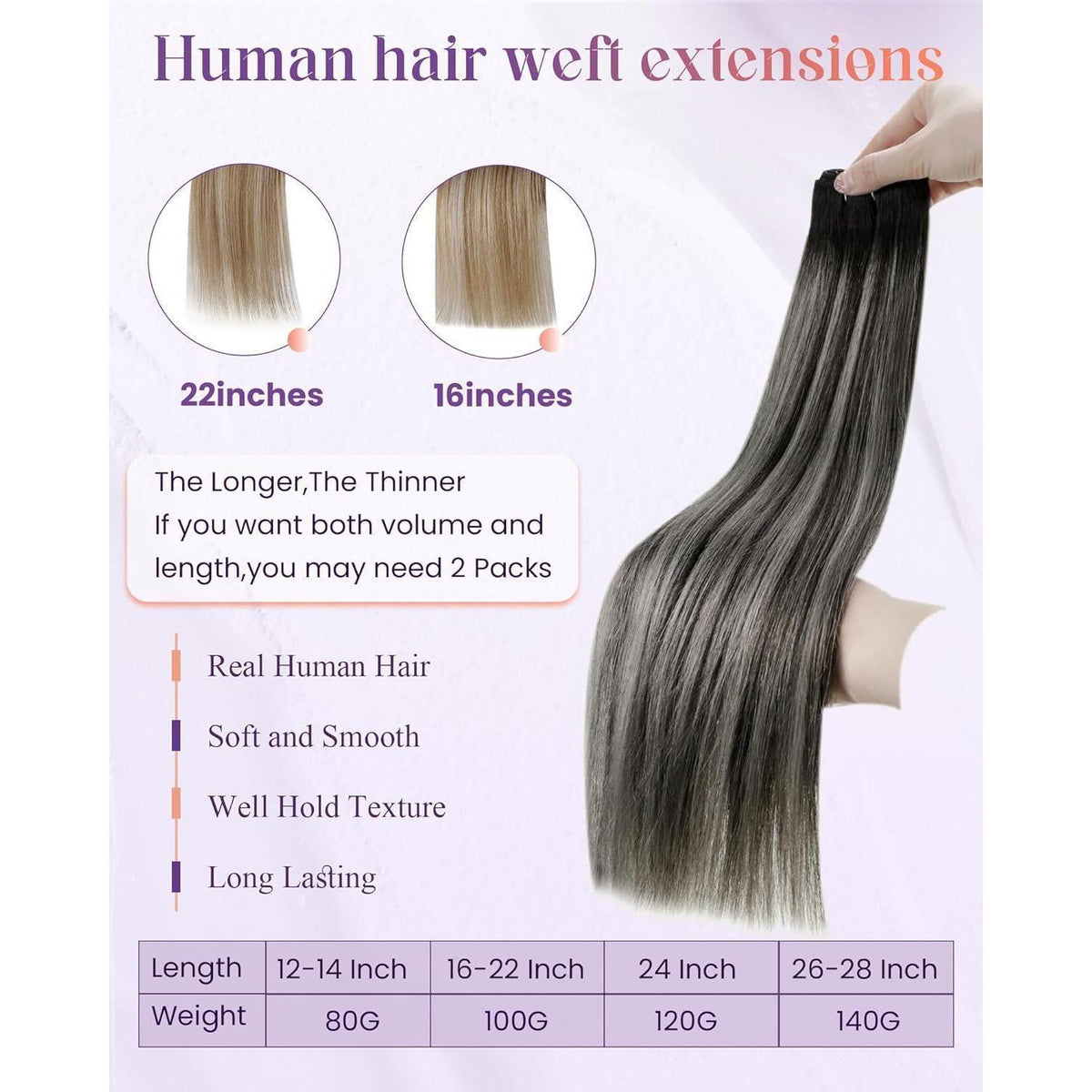 Echthaar Tressen Balayage Schwarz Silber 45cm