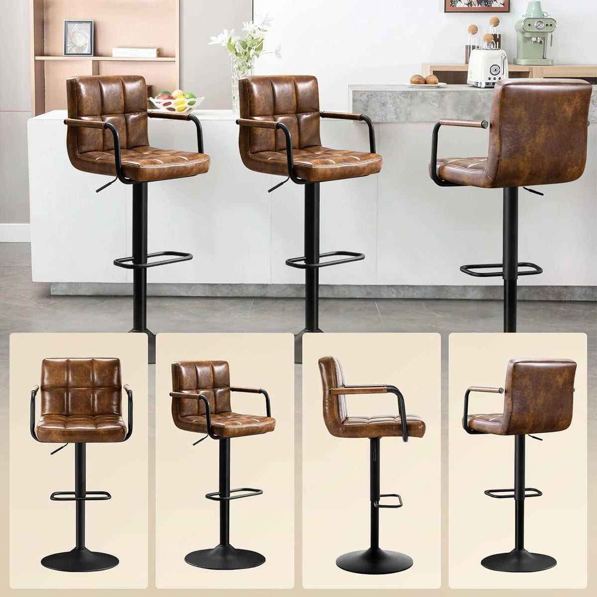 Barhocker Set 4er – Höhenverstellbar, Schwarzbraun in Lederoptik
