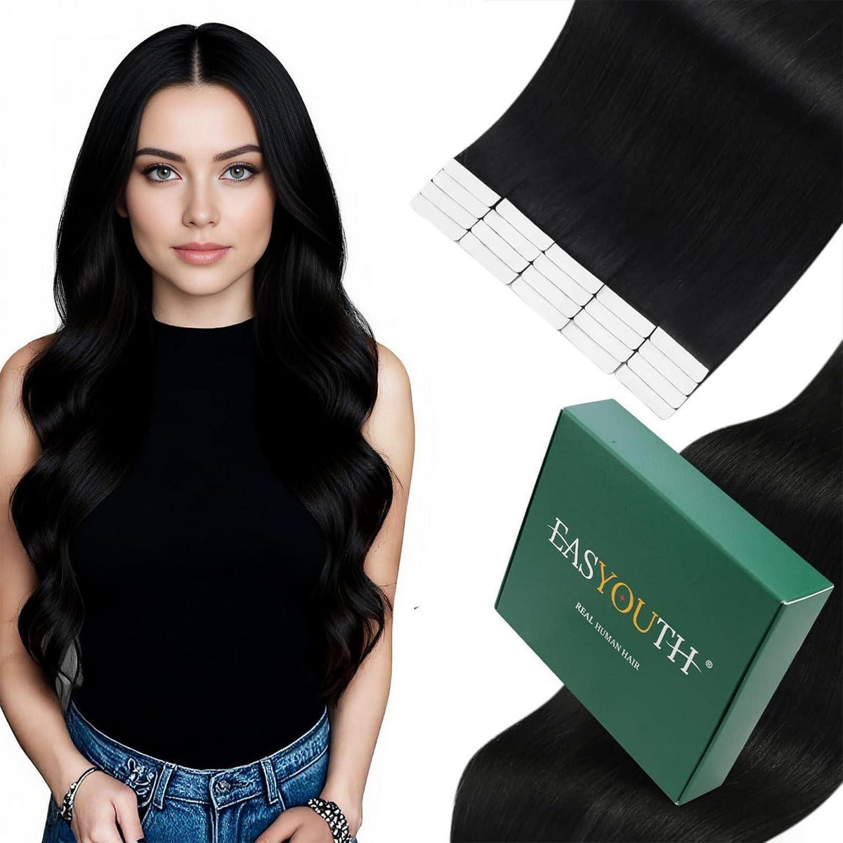 Echthaar Tape Extensions Schwarz – 55cm, 50g, #1
