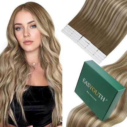 Echthaar Tape Extensions Ombre Braun Balayage Platinblond